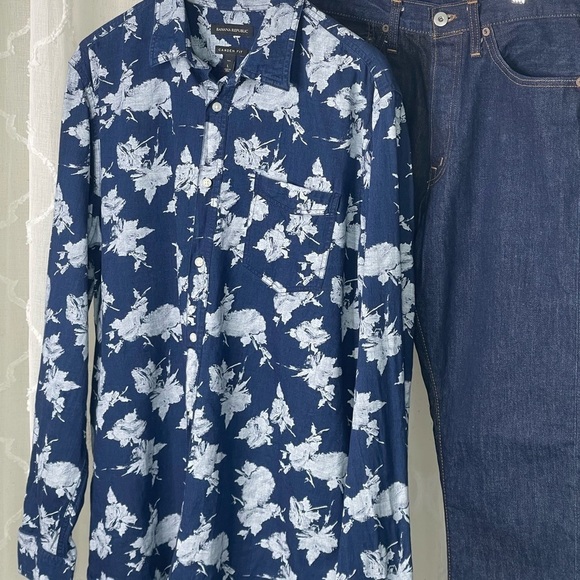Banana Republic Camden fit floral Shirt indigo denim Explosion L Tall - Picture 4 of 7